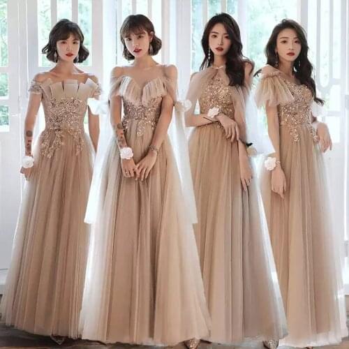 Bridesmaids Dress Illusion A-Line V-Neck Beading Sequined Off The Shoulder Floor-Length Lace Tulle Women Wedding Party Gown E582