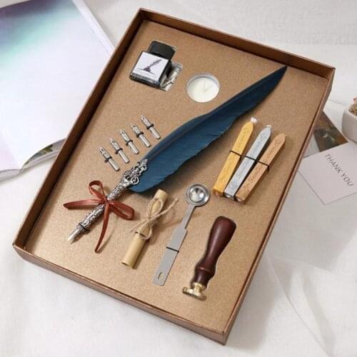 Retro Vintage Calligraphy Feather Dip Pen Writing Ink Set Stationery Quill Fountain Pens Creative Birthday Gift Box Pen