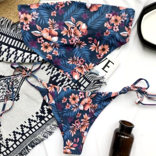 Hot Womens Sexy Flower Printing Bikini Off-shoulder Square Collar Tops Briefs Swimsuit Classic Bare Midriff Two-pieces Set