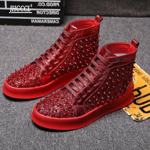 Silver luxury brand mens fashion casual ankle boots mens rivet sports shoes thick platform breathable casual shoes A7