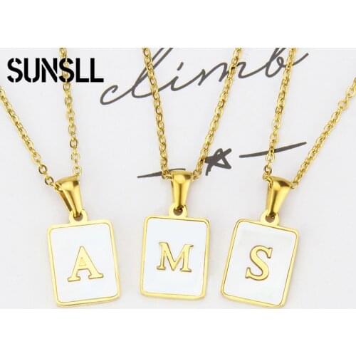 SUNSLL Gold Stainless Steel Necklace Square White Shell A-Z 26 Letter Pendant Necklace Ladies Fashion Jewelry CZ Colar Feminina