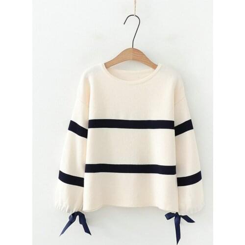 Sweater Women Korean Lace Up Lantern Sleeve O-neck Loose Pullover 2020 Autumn Girl Harajuku Knitted Sweet Sweaters