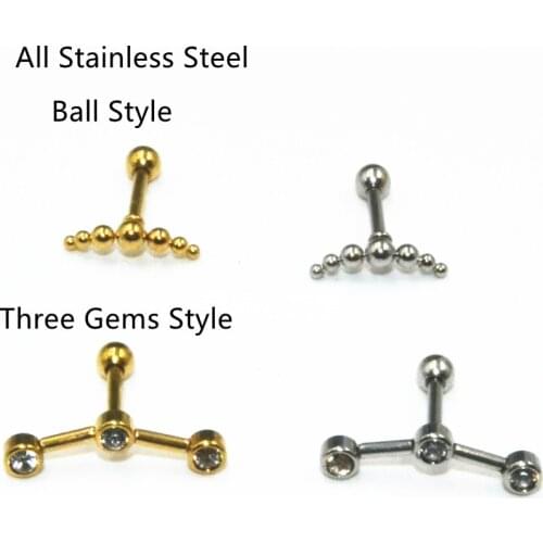 50pcs Body Piercing jewelry- Simple Ball Three Gems Women/Men Earring Ear Studs Ear Helix Cartilage Bar Ear Piercing 16G