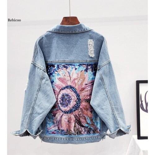 Women Denim Jacket Sequin Floral Appliques Embroidery Coat Long Sleeve Outerwear Spring Autumn Female