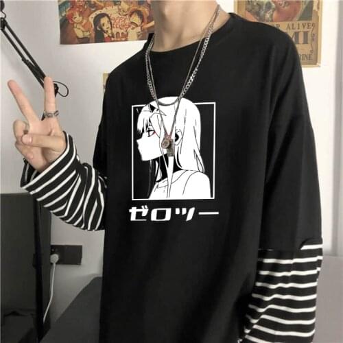 Darling In The Franxx Japan Anime T-shirt Zero Two Manga Tops Harajuku Oversized Women Korean Fashion Long Sleeve Stripe T-shirt