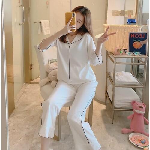 Womens Silk Three Quarter Fashion Pijamas Turn-down Collar 2Piece SetNew Pajamas Set White Solid Sleepwear