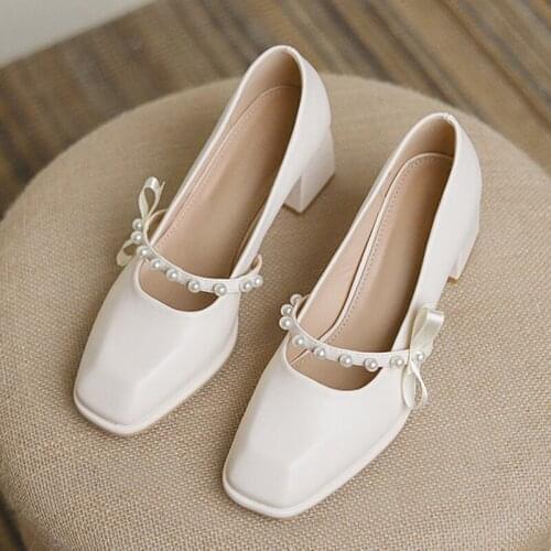 Pearl Band mary jane shoes women thick high heels talons hauts bow-knot beads lolita shoes square toe shallow woman pumps 2021