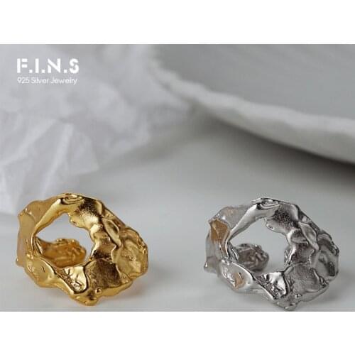 F.I.N.S Korea Style S925 Sterling Silver Fold Texture Ring Open Irregular Uneven Surface Hollowed Finger Ring Silver 925 Jewelry