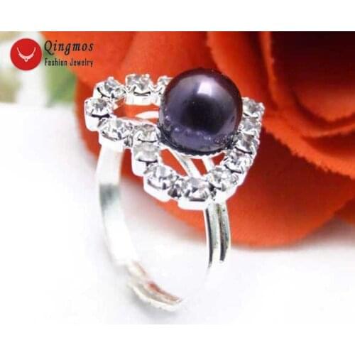Qingmos 15mm Heart Natural Pearl Ring of Women with Natural 7mm Black Flat Round Pearl Opening Adjustable #8-#9 Ring Jewelry R21