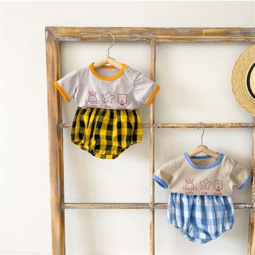 Angoubebe 212S66 2-pieces summer new arrival baby girls boys unisex clothes plaid sets