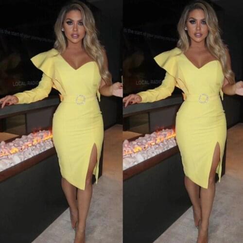 Free Shipping Womens Dress Yellow One-Shoulder Strapless Long Sleeves Sexy Celebrity Cocktail Party Bandage Evening Dress