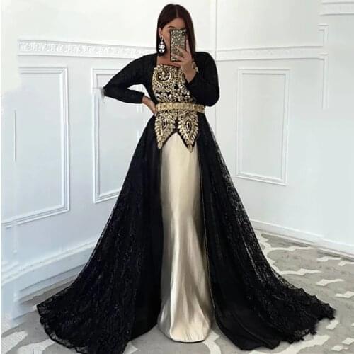 Black Moroccan Kaftan Caftan Muslim Evening Dresses A-line Long Sleeves Appliques Lace Dubai Arabic Turkey Abaya Islamic Gown