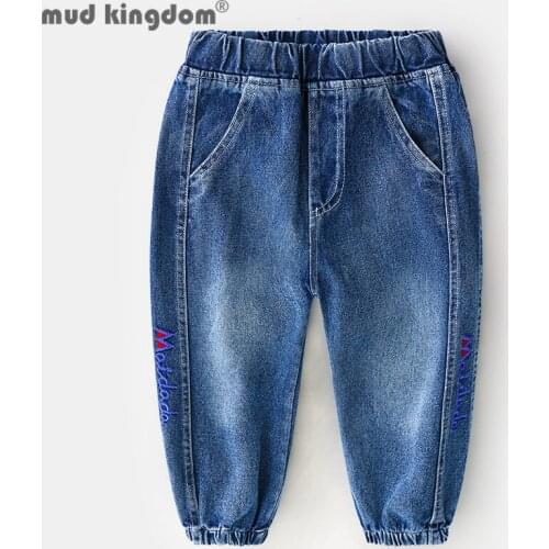 Mudkingdom Spring Boys Jeans Solid Loose Slant Pocket Elastic Waist Letter Casual Denim Pants for Kids Fashion Clothing