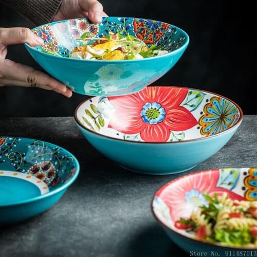 Plant flowers ceramic household ramen soup bowl bowl large commercial hotel Deep dish soup plate fruit salad bowl