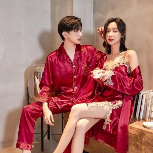 Couple Lace 2PCS Pajamas Set Sexy Nightgown Full Sleeve Bride Dressing Bathrobe Gown Men Rayon Pajamas Sleep Suit Home Sleepwear