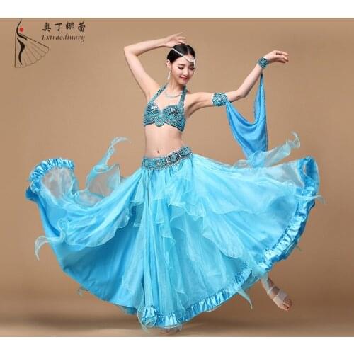 Belly dance clothing suit Belly Dance Costume beadings and rhinestones decoration lotus big flare hem skirt 3 pieces suit