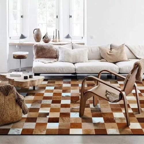 American style natural brown cowhide handmade patchwork rug , big size milch cow skin fur chequer carpet for living room