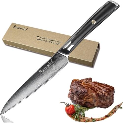 SUNNECKO 5" inch Steak Chef Knife Japanese Damascus VG10 Steel Kitchen Knives G10 Handle Meat Slicing Utility Beef Cutting Tools