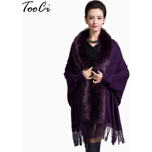 New Spring Autumn Women Fake Fur Tassels Cashmere Cardigan Poncho Fashion Purple Bat SleeveCape Shawl Coat Female