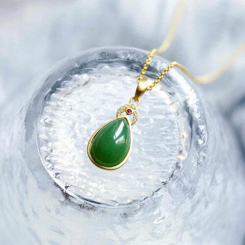 New silver inlaid natural Hetian drop-shaped chalcedony pendant necklace Chinese retro craft charm womens brand jewelry