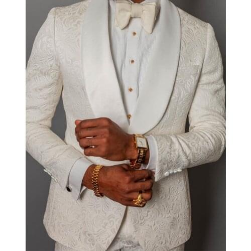 Ivory Floral Jacquard Men Suits for Wedding 2 Piece Slim Fit Groom Tuxedo Male Fashion Jacket with Pants Custom Costume