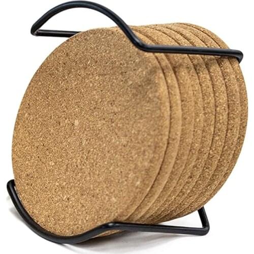 Organic Natural Cork Coasters 4 Inches with Metal Holder Storage Caddy,Reusable Saucers for Cold Drinks Wine Glasses Cup