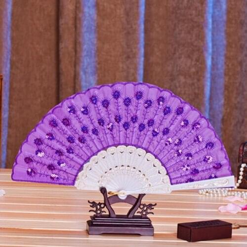 Peacock Sequined Square Women Girl Dancing Fan Elegant Peacock Print Chinese Style Cloth Folding Hand Fans