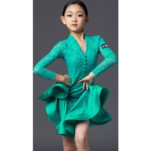 Latin Dance Dress Girls Lace Professional Competition Performance Dresses Children Rumba Cha Cha Samba Tango Dancewear DN4710