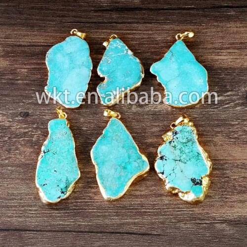 WT-P514 WKT Wholesales natural green stone pendants gold color edged single bail pendants for women