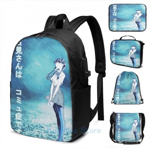 Funny Graphic print komi san rain aesthetic USB Charge Backpack men School bags Women bag Travel laptop bag