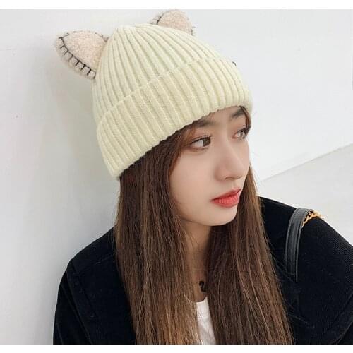 Solid Color Cute Hat With Ears Warm Women Knitted Winter Cat Skullies Hat Woman Outdoor Beanies Hat Panama Lady Cap