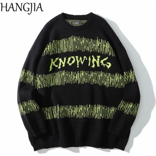 Hip Hop Radio Wave Printed Sweaters Men Women Green Striped Pullovers Harajuku Fashionable Round Neck Knit Sweater Pullover
