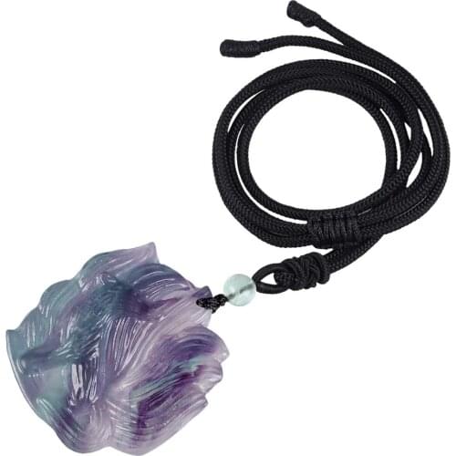 TUMBEELLUWA Fluorite Pendant Necklace Fox Rose Flower Carved Lucky Stone Adjustable Chain Charms Jewelry for Unisex