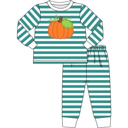 Comfortable Pure Cotton Baby Boy Suit A Pumpkin Embroidery And Green And White Stripes ChildrenS Leisure Suit