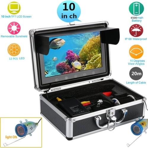 GAMWATER 10" Inch Color Monitor 20M HD 1000tvl Underwater Fishing Video Camera Kit 12 PCS Infrared Lamp Lights