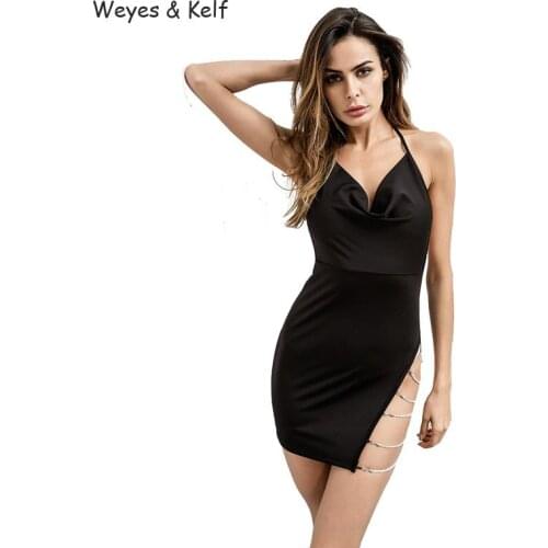 Weyes & Kelf Sexy V-neck Solid Mini Dress Women 2020 Summer Halter Dress Slit Hollow Bag Hip Strap Bodycon Backless Dress Black