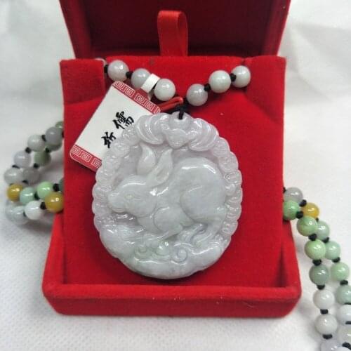 Zheru Jewelry Pure Natural Jadeite Light Purple Two-color Zodiac Rabbit Pendant Three-color jadeite jade necklace Send A-level c