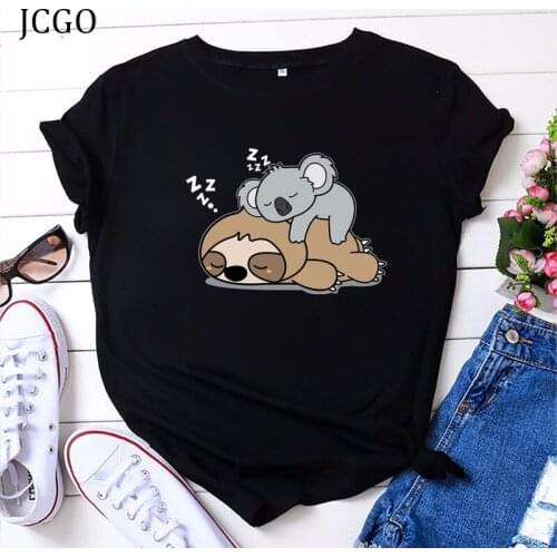 JCGO Women T-shirt Summer Cotton Plus Size S-5XL Short Sleeve O Neck tshirt Cute Lazy Koala Friend Print Casual Women Tees Tops