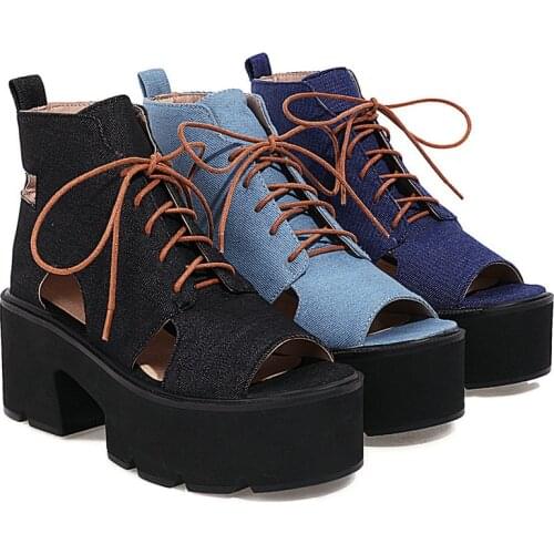 New Summer Women Sandals Fashion Concise All-Match Ankle Boots British College Style Platform Denim Round Toe Lady Sandals