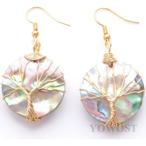 Elegant Dangle Earrings for Women Jewelry Gifts Tree of Life Round Gold Wrap Wire Abalone Shell Earring QR3474