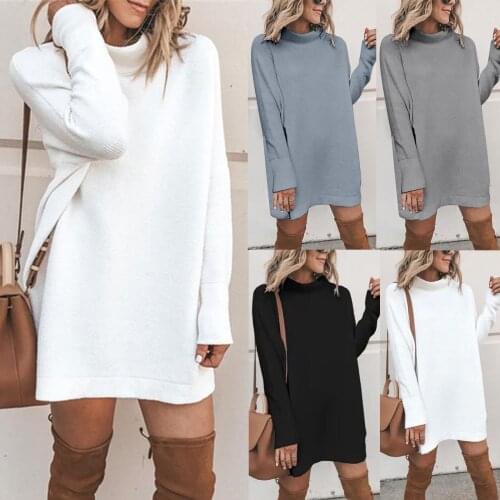 Woman Sweaters Fashion Women Solid Long Sleeve Sweater Sweater Dress Turtleneck Sweater Pullover Dress Jersey