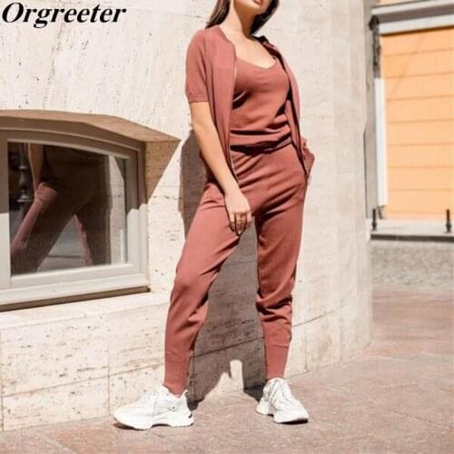 Newest Zipper Short Sleeve Knitted Cardigans Sweaters + Pants Sets + Vest Woman Fashion Tracksuit Trousers 3 PCS Female Outfit