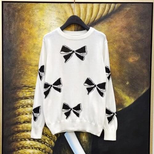 Jacquard Bow Sweater Womens Gold Silk Lazy Style Long Sleeve Sweaters Top 2021 Fall Winter Pullovers Elegant Woman Knit Jumper