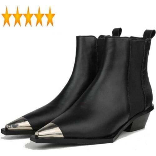 Size 43 Winter Metal Plus Pointed Toe Block Heel Women British Style Genuine Leather Ankle Vintage Chelsea Boots