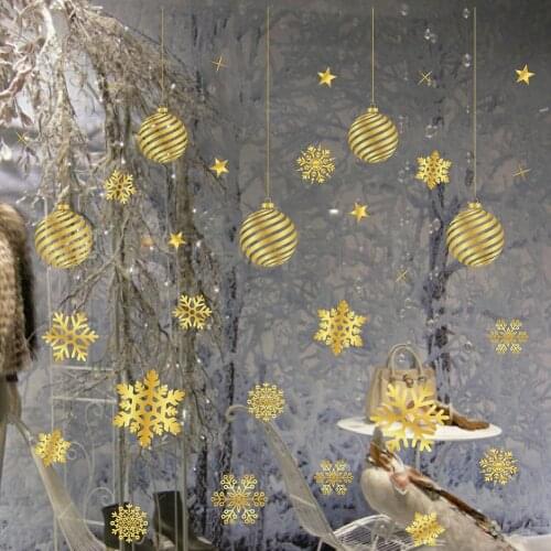 1 Pcs Merry Christmas Tree Snowman Christmas New Year Shop Window Wall Sticker Gold Christmas Decorations Snowflake Party
