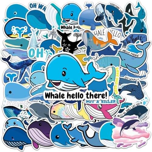 10/50PCS Water Color Deep Sea Blue Whale Stickers Planner Scrapbooking DIY Dry Glue Dolphin Sticker Kawaii Stationery