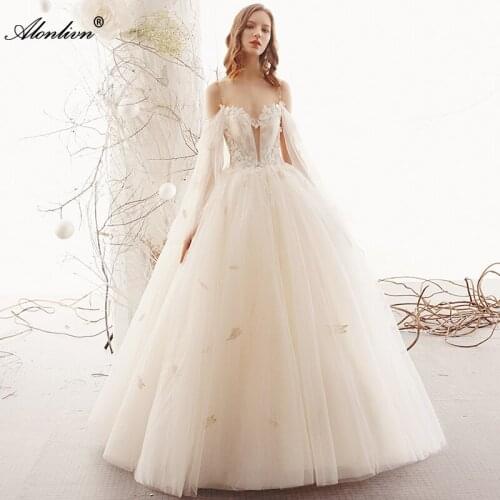 Alonlivn New Arrival Beading Pearls Applique Spaghetti Straps Ball Gown Wedding Dress Floor-Length Sweetheart Bridal Gowns