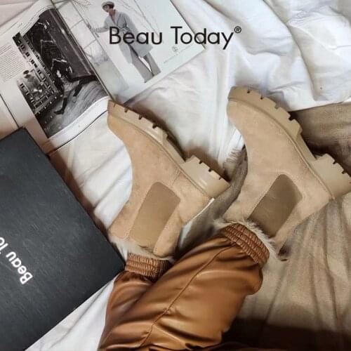 BeauToday Chelsea Boots Women Suede Leather Snow Boots Warm Fur Round Toe Elastic Band Ladies Platform Shoes Handmade 08206