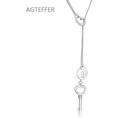 AGTEFFER 925 Sterling Silver 18 Inches Heart-Shaped Key Snake Chain Necklace For Women Fashion Wedding Party Charm Jewelry