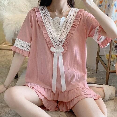 INS Sweet Students Pajamas Set Fairy Bow Women Sleepwear Short Sleeve Cotton Nightwear Large Size Loose Pyjamas Female Suit
